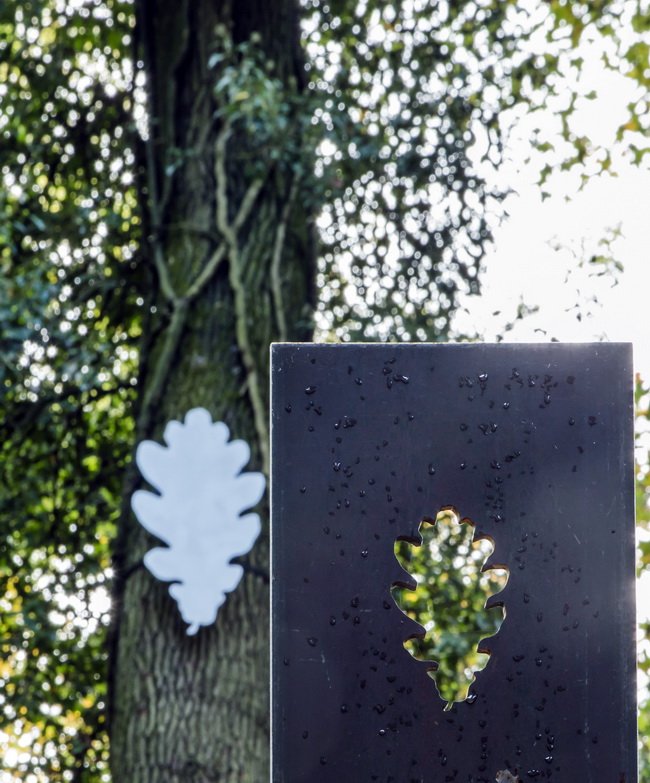 Signaletik Schilder Tiersymbole Pegelstand Auenpark Erlebnissteg Stele Eichenblatt