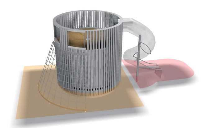 3D Modell der Gerätehäuschen für mit Kletternetz und Spiralrutschbahn
